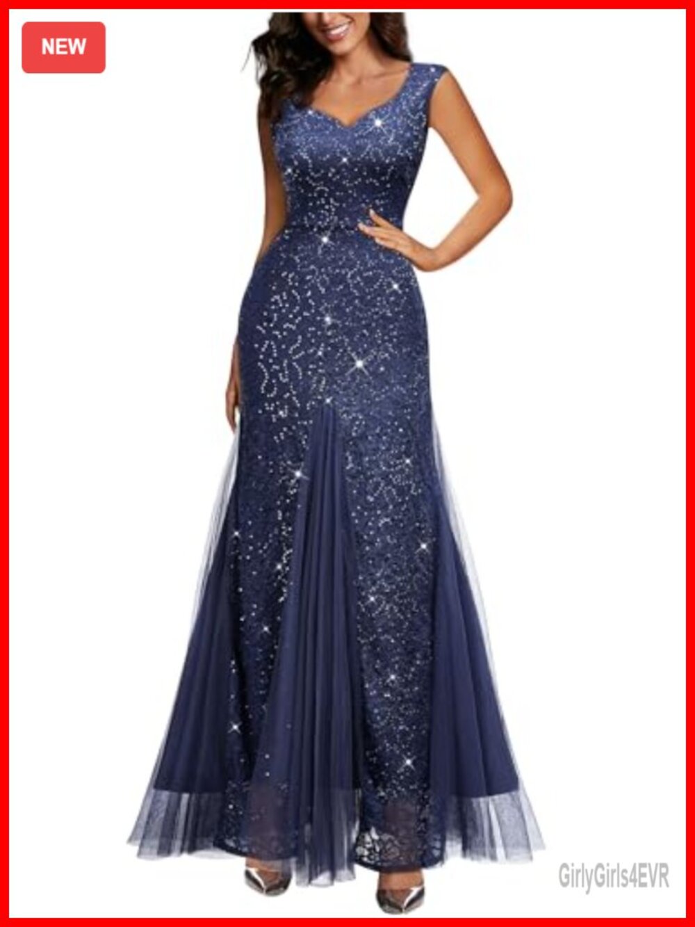 Elegant V Neck Sleeveless Sequin Lace Evening Party Dress